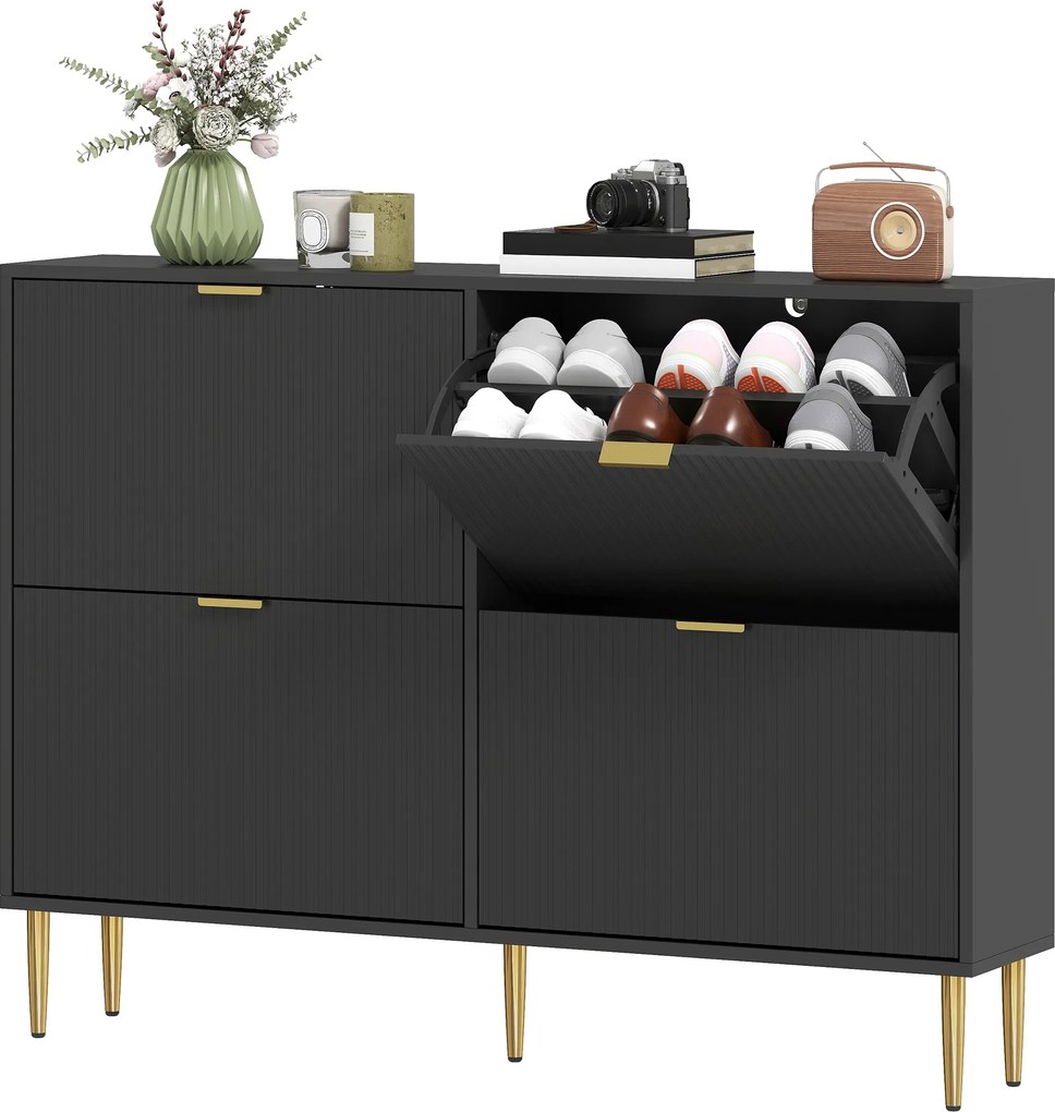 HOMCOM Dulap pentru încălțăminte 20 perechi cu 4 sertare rabatabile, uși canelate și rafturi reglabile, 105x24x91,5cm, negru | Aosom Romania