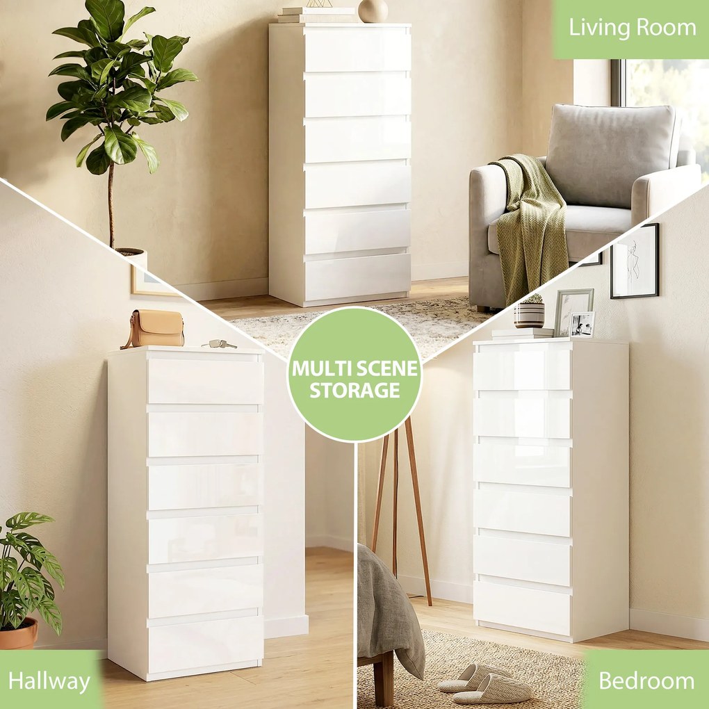 HOMCOM Comodă 6 sertare cu luciu înalt, mobilier de depozitare îngust fără mânere, 40 x 35 x 109 cm, alb | Aosom Romania