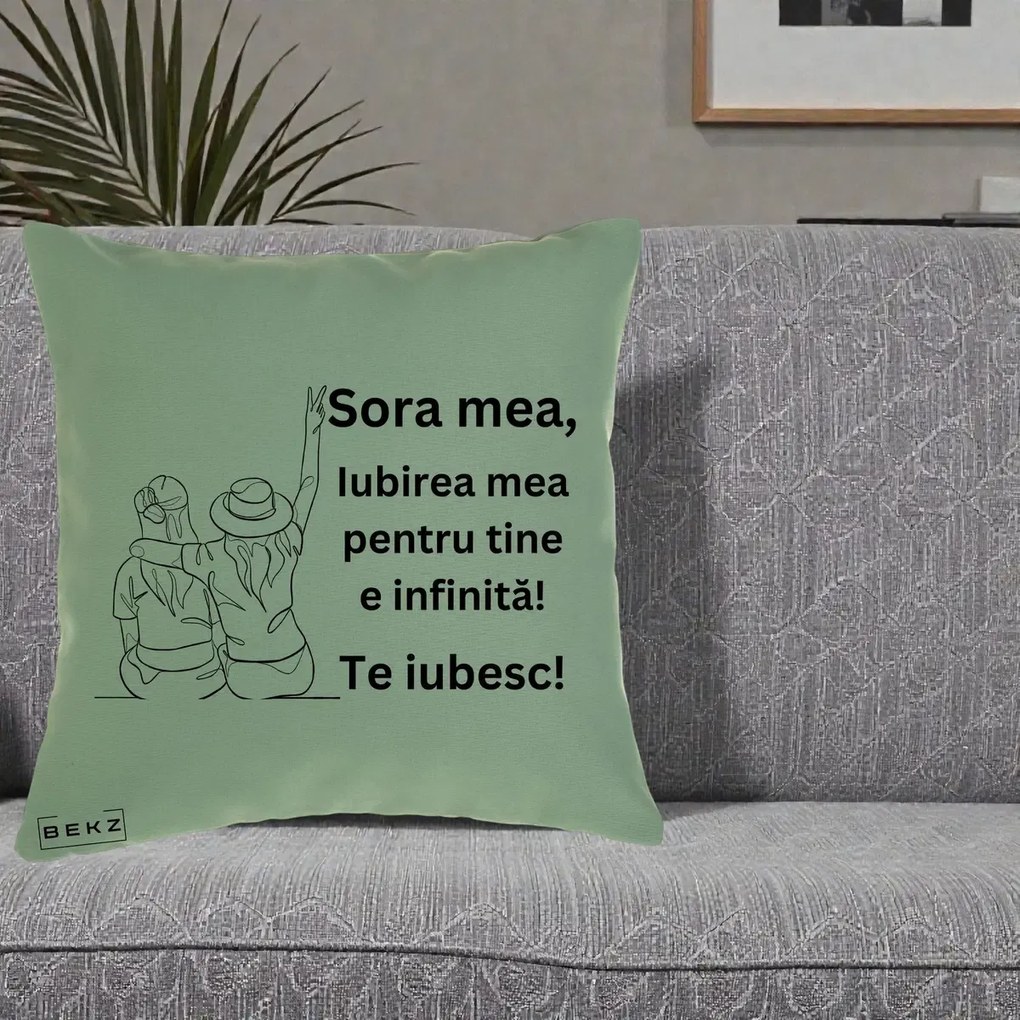 Cadou pentru Sora - Perna Personalizata Sora Mea Te Iubesc Line Art Portrete Colorate, 40x40 cm, Verde, Husa Detasabila, Perna Inclusa, BEKZ®