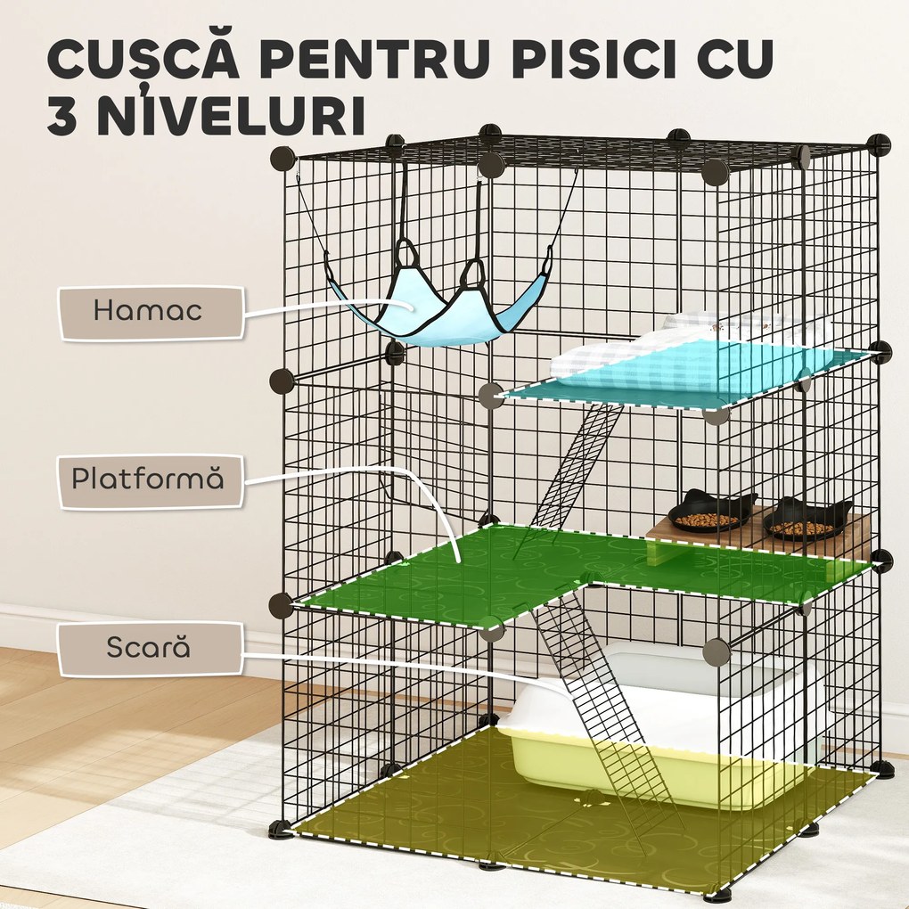 PawHut Cușcă pentru Pisici 105 cm de Interior, Recinto din Oțel cu 3 Uși, Design Personalizabil DIY pentru Pisoi, Spațiu pe 3 Niveluri cu Scări, Hamac și Platformă, Negru | Aosom Romania