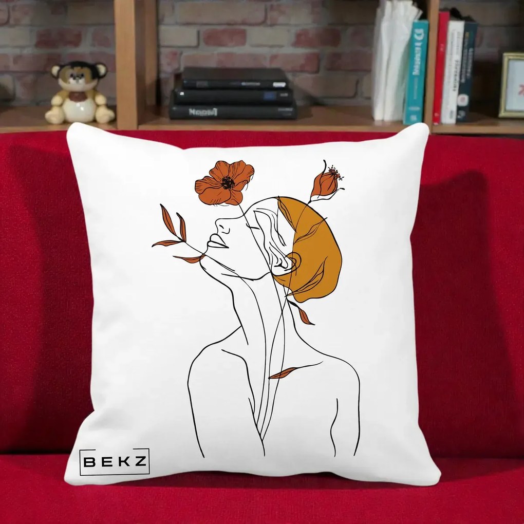 Perna Decorativa Portret Feminin Mac Privire Inalta, 40x40 cm, Alba Mata, Husa Detasabila, Perna Inclusa, BEKZ®
