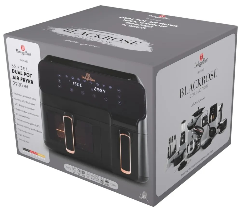 Friteuza cu aer cald dubla, airfryer 5.5+3.5 Black Rose Berlinger Haus BH 9467