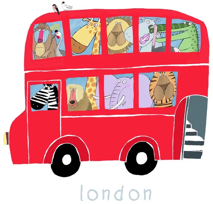 Ilustrație Red London Bus with Jungle Animals, Carla Daly