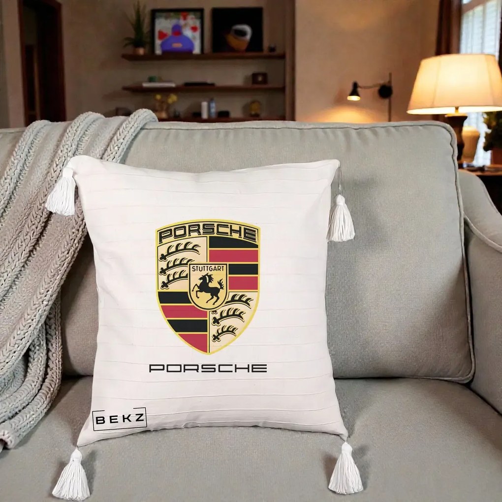 Perna Personalizata Porsche Stuttgart, 40x40 cm, Bej cu Franjuri, Husa Detasabila, Perna Inclusa, BEKZ®