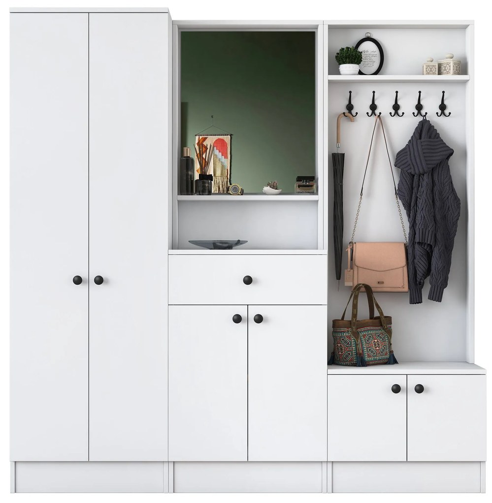 Pantofar Cuier Hol Genus cu 6 usi si oglinda, Alb, 180 x 183 x 37 cm