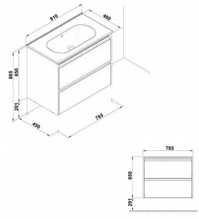 Set dulap baie suspendat 2 sertare Gala Klea cu lavoar inclus, 80 cm, alb lucios 800x450 mm