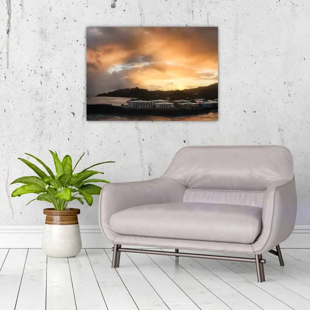 Tablou pe sticlă - plaja cu cerul întunecat (70x50 cm)