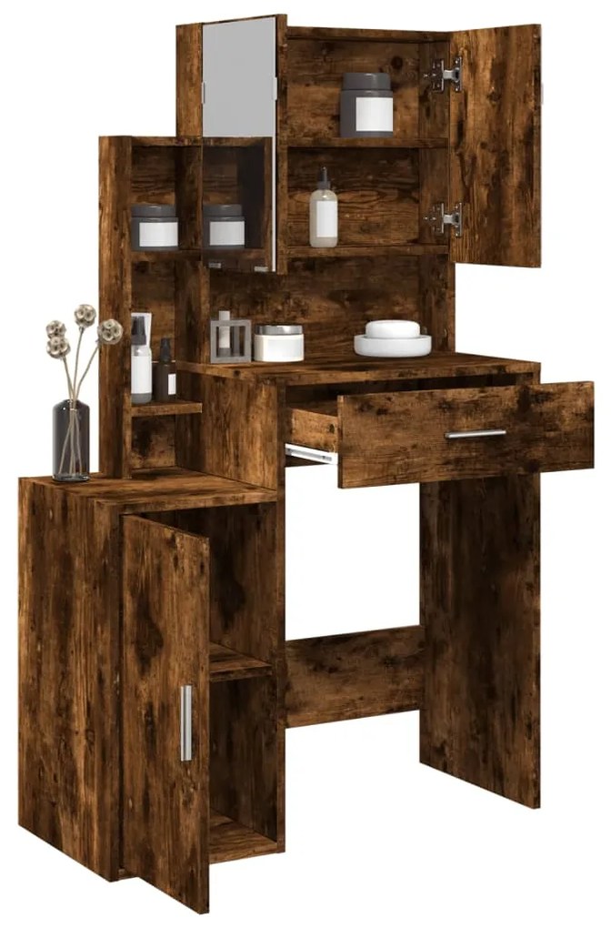 vidaXL Masă de toaletă cu dulap, stejar fumuriu, 80x35x132 cm