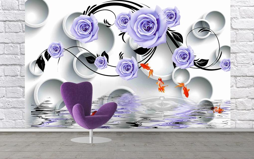 Fototapet 3D, Violete flori, cercuri albe cu ornamente  negre Art.05299