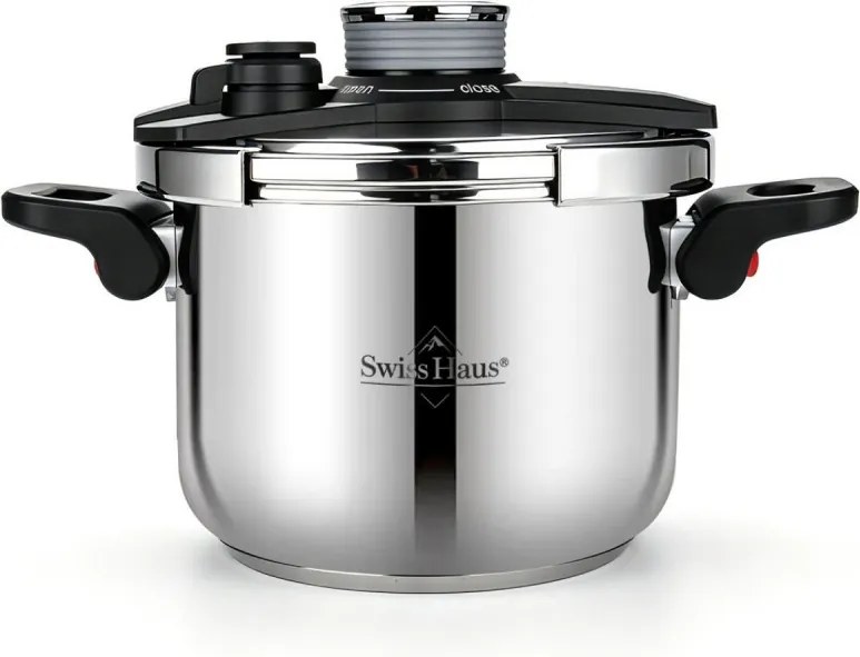 Oala sub presiune Swiss Haus SH-PCA8L, 8 l, 24 x 18,6 cm, 100 kPa, Otel inoxidabil, Fara PFAS, Fnd cu 3 straturi, Inductie, Argintiu