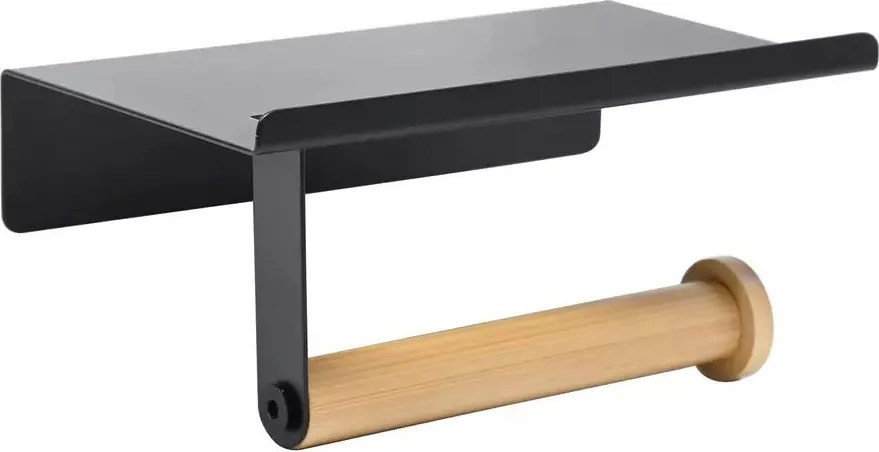 Suport hartie igienica Rea 322747A cu raft finisaj negru - lemn