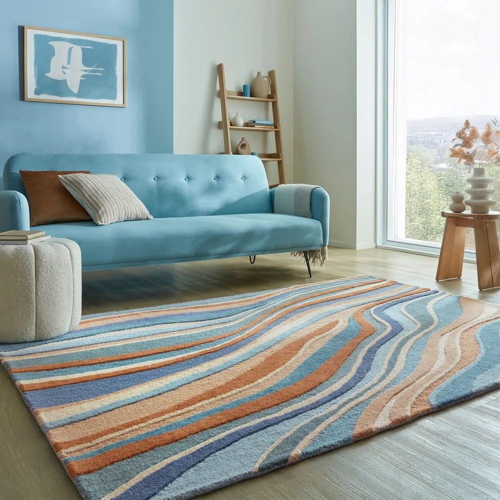 Covor albastru țesut manual din lână 200x290 cm Abstract Flow – Flair Rugs