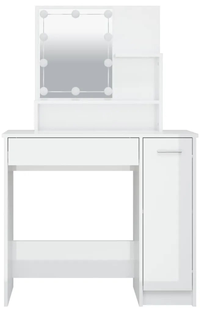 Masă de toaletă cu led, alb extralucios, 86,5x35x136 cm