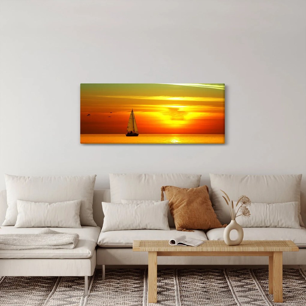 Tablou cu apus de soare și iaht (120x50 cm)