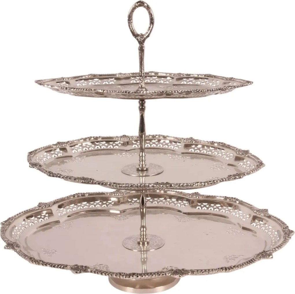 Etajeră pentru prăjituri cu 3 niveluri, din alamă lucrată manual, argintie, aspect vintage, cu platouri ovale cu margini decupate și mâner decorativ,