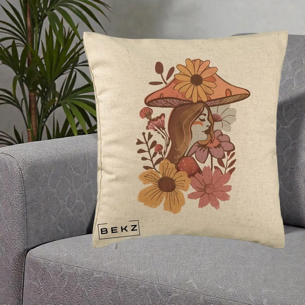 Perna Decorativa Fata Ciuperca Florala Boho, 40x40 cm, Bej, Husa Detasabila, Perna Inclusa, BEKZ®