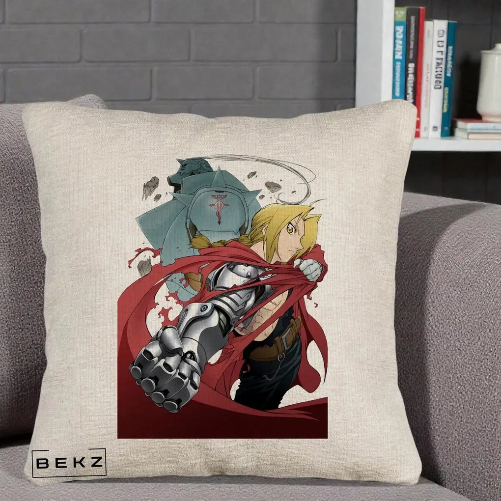 Perna Personalizata Fullmetal Alchemist Brotherhood Edward si Al Poster, 40x40 cm, Bej Canapea, Husa Detasabila, Perna Inclusa, BEKZ®