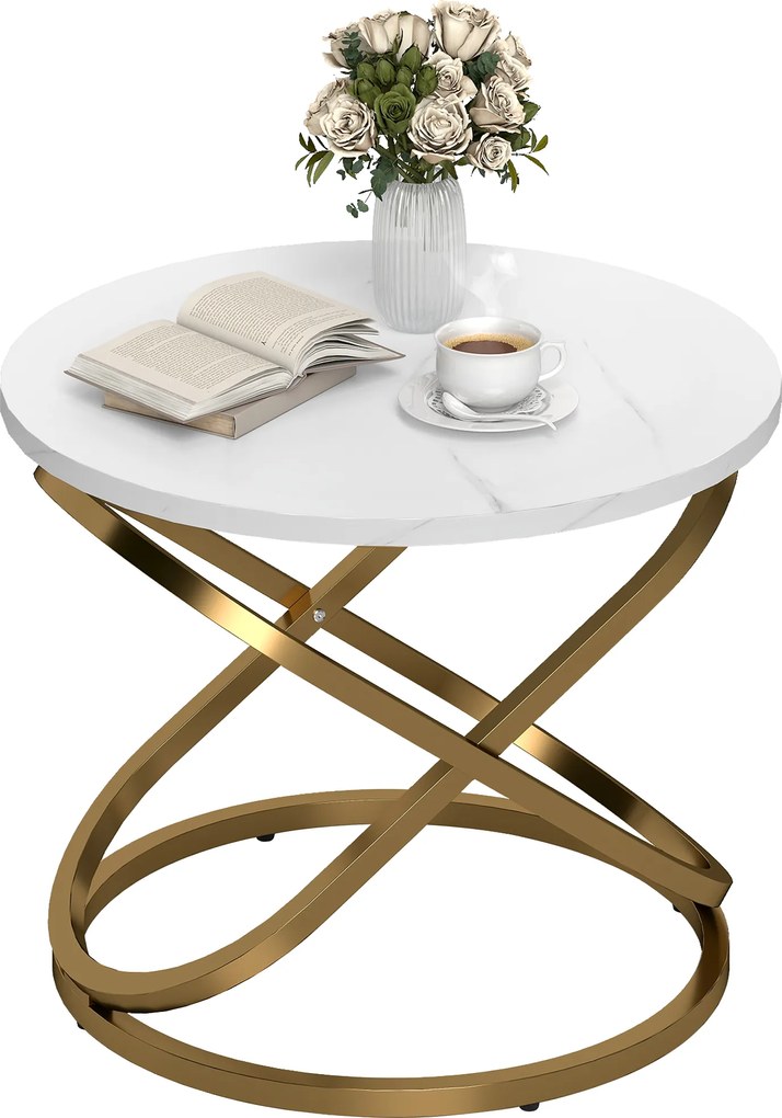 HOMCOM Masă de cafea rotundă stil industrial, metal auriu și blat cu efect marmură - dim. Ø 60 x 46H cm | Aosom Romania