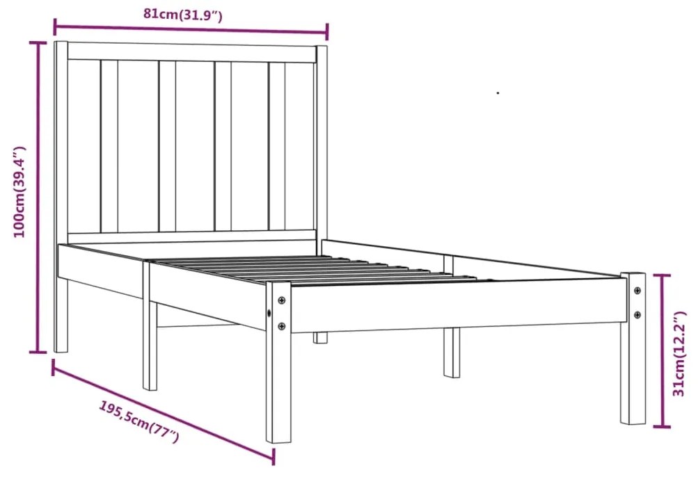 Cadru de pat Small Single, negru, 75x190 cm lemn masiv de pin Negru, 75 x 190 cm