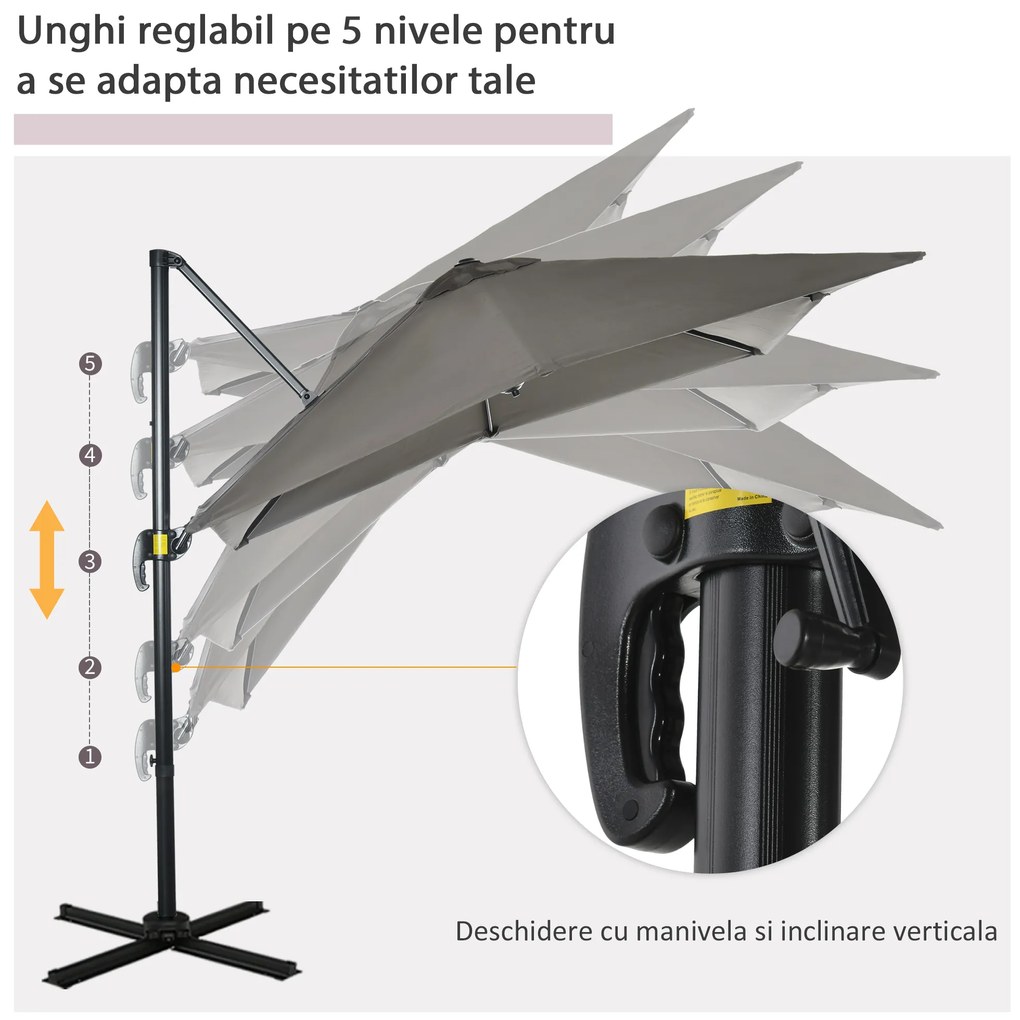 Outsunny Umbrelă de Grădină cu Manivelă, Rotire la 360° și Copertină Reglabilă pe 5 Niveluri, 2.5x2.5 m, Gri Deschis | Aosom Romania