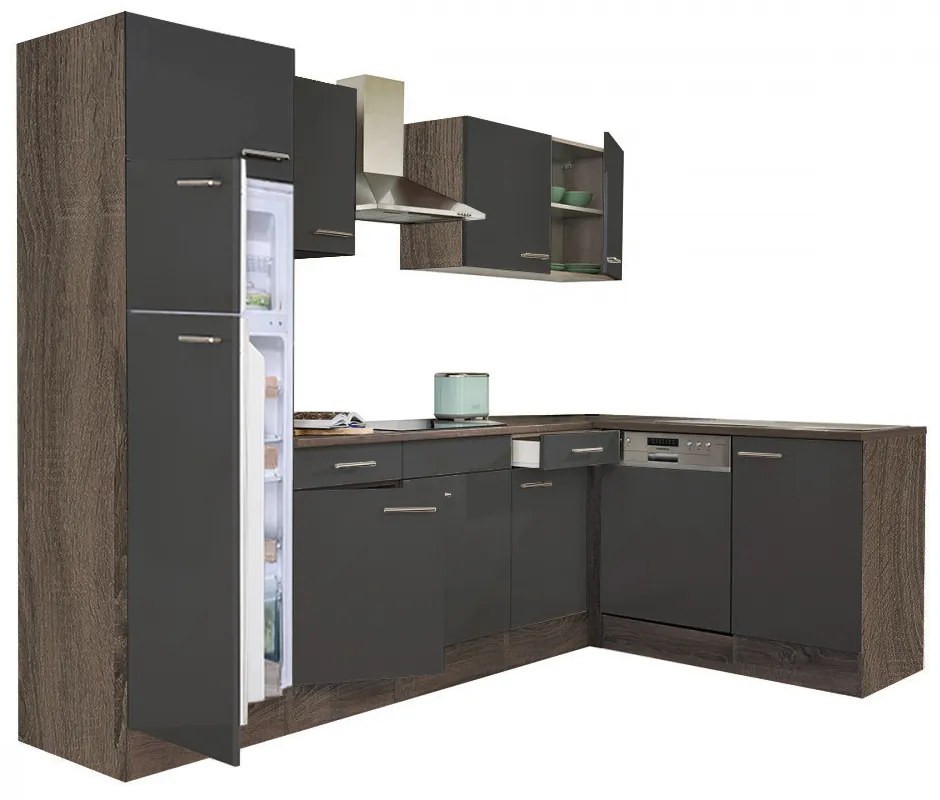 Mobilă de bucătărie de colț Yorki 280, corp din stejar Yorki, față antracit satinat, frigider cu congelator superior