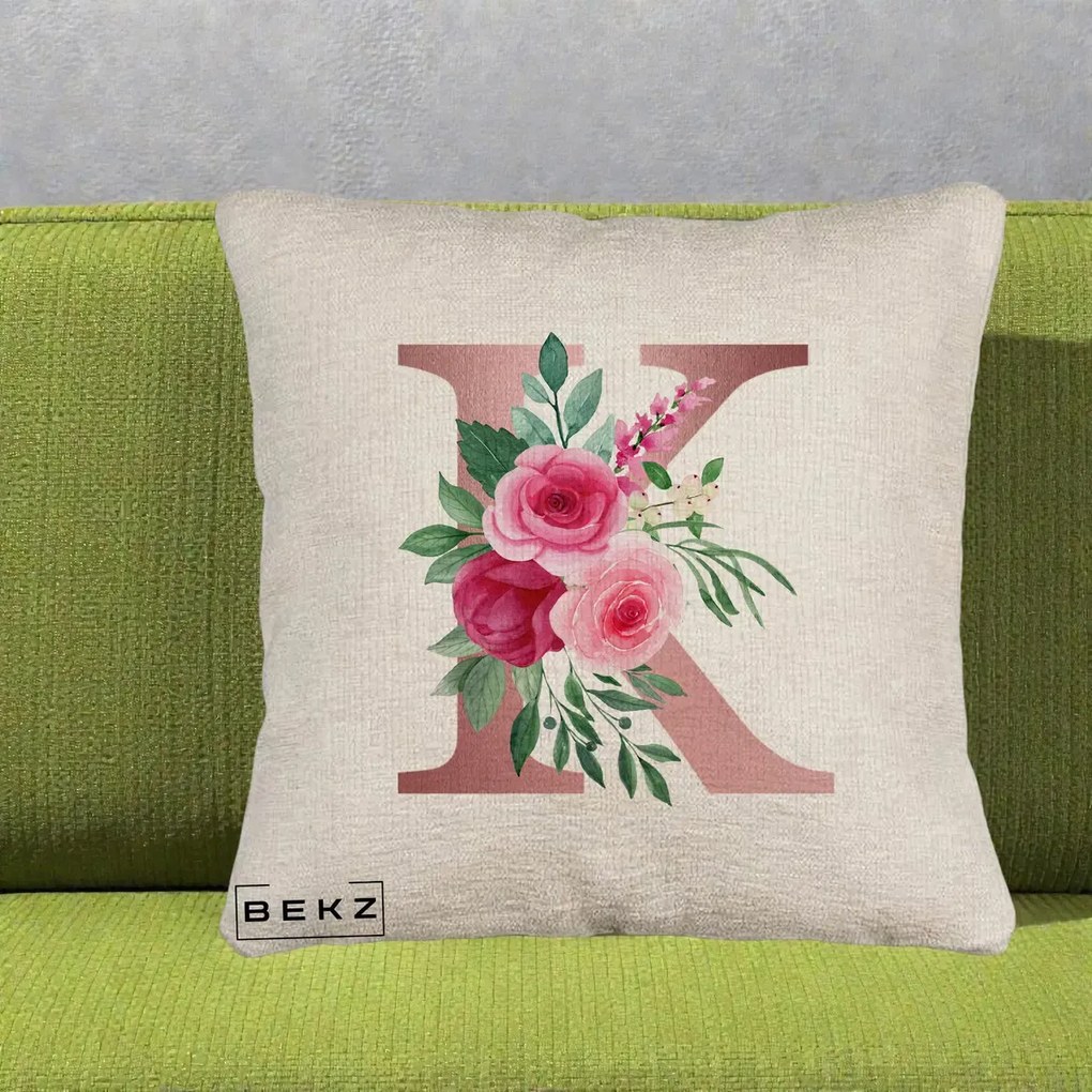 Cadou Personalizat - Perna Personalizata Monograma Rose Gold Litera K, 40x40 cm, Bej Canapea, Husa Detasabila, Perna Inclusa, BEKZ®
