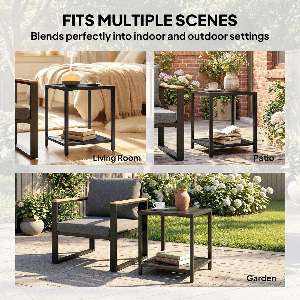 Outsunny Măsuță laterală 45 x 45 cm, rezistentă la intemperii, masă de grădină cu design cu lamele, raft, picioare reglabile, suport 30 kg | Aosom Romania
