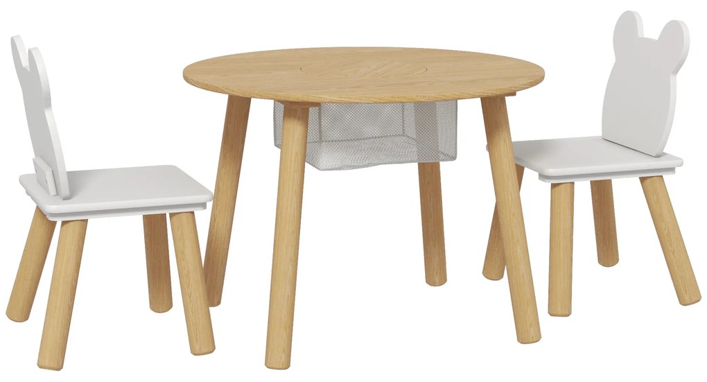 AIYAPLAY Set cu Masă și 2 Scaune pentru Copii cu Spătar în Formă de Ursuleț, Masă cu Spațiu de Depozitare, Alb și Lemn | Aosom Romania