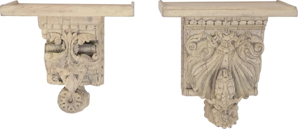 Raft de perete din lemn de tec, natur, cu decor sculptat manual, aspect vintage, 30 x 32,5 x 21 cm, „Orgon”