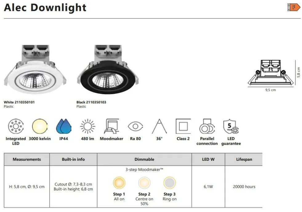 Spot LED incastrabil pentru baie IP44 Alec Black 3000K, 3-Step MOODMAKER