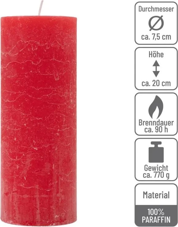 Set de lumânări rustice, 20 cm, Ø 7,5 cm, roșu, 2 buc