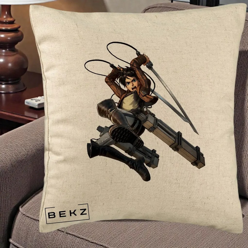 Perna Personalizata Attack on Titan Eren Yeager Lupta, 40x40 cm, Bej, Husa Detasabila, Perna Inclusa, BEKZ®