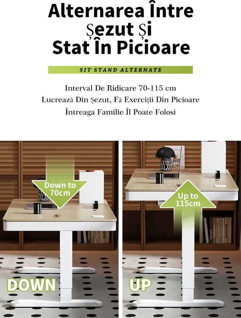 Birou Electric Reglabil pe Înălțime cu Sertar Ascuns, Încărcare Wireless & USB, Senzor de siguranță, 160x60, Alb