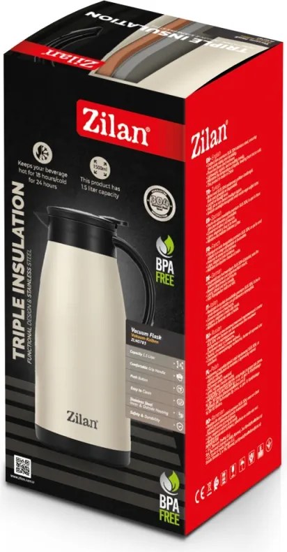 Termos Zilan ZLN0783 crem din inox, capacitate 1.5L, metine rece pana la 24 ore si cald pana la 18 ore