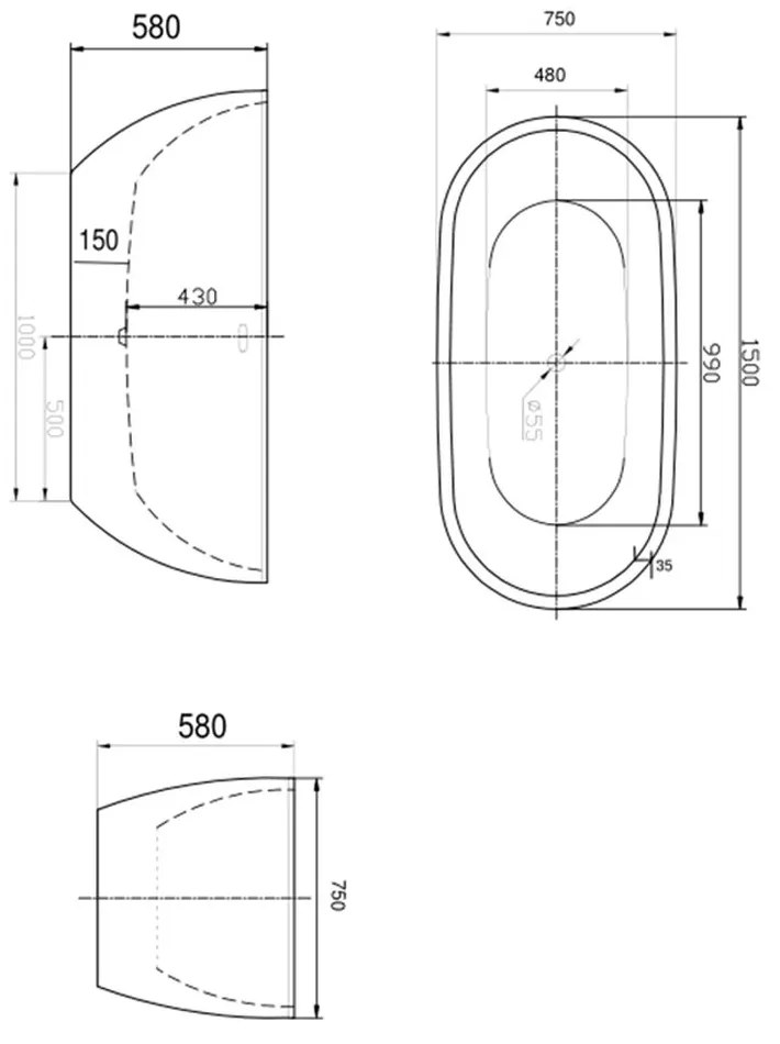 Cada baie freestanding ovala 150 x 75 cm alba Florida, Aura New 1500x750 mm