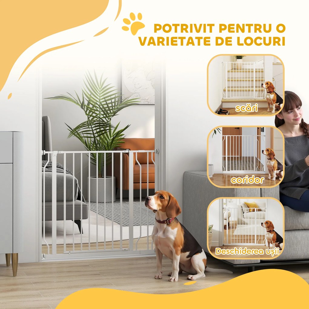 PawHut Poartă pentru Câini, Barieră Largă pentru Scări cu Ușă, 76x75-95 cm, Alb | Aosom Romania
