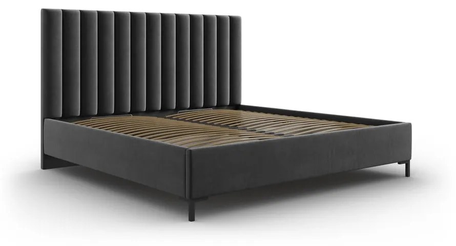 Pat matrimonial gri închis tapițat cu spațiu de depozitare și somieră 140x200 cm Casey – Mazzini Beds