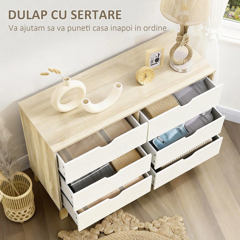 HOMCOM Comodă cu 6 Sertare, Mânere Sculptate și Picioare Trapezoidale, 120x40x76 cm, Lemn Natural | Aosom Romania