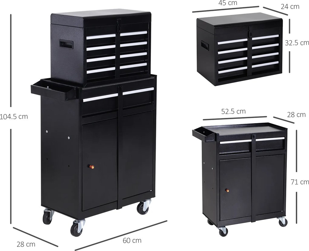 Carucior de lucru DURHAND, dulap pentru unelte, cutie de unelte cu 5 sertare, roti 360° din metal, 60 x 28 x 104,5 cm | Aosom Romania