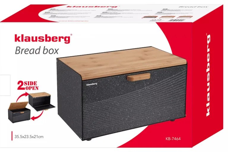 Cutie pentru paine Klausberg KB 7464, 35.5 cm, Otel, Bambus, Capac superior si frontal, Negru/Maro
