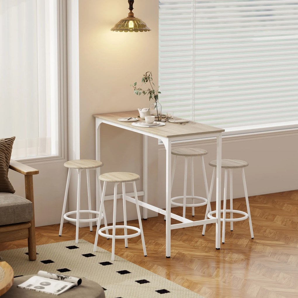 HOMCOM Set de Dining 5 Piese cu Bar 110x50x89,5 cm și Scaune Ø30x60,5 cm din Lemn și Metal Nuanță Lemn | Aosom Romania