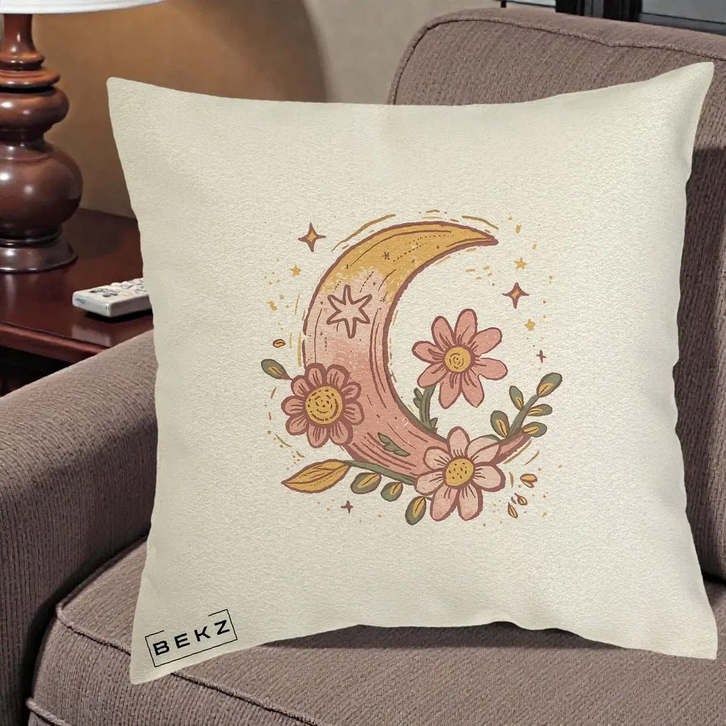 Perna Decorativa Luna Florala Boho, 40x40 cm, Ecru, Husa Detasabila, Perna Inclusa, BEKZ®