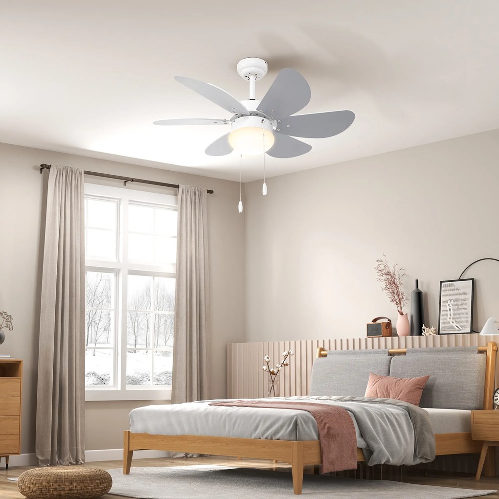 HOMCOM Ventilator de Tavan cu Lumină, Ventilator cu Montaj Incastrat, 6 Palete Reversibile și Întrerupător cu Lanț, Ø76x41.5 cm, Gri | Aosom Romania