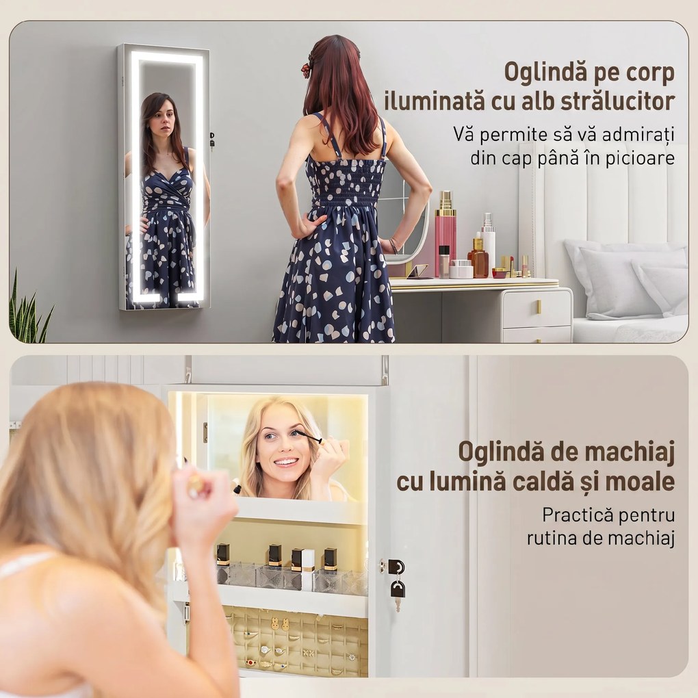 HOMCOM Dulap pentru bijuterii de perete sau pentru ușă, cu oglindă interioară și LED, cu încuietoare și cheie, buzunar cu fermoar, alb | Aosom Romania