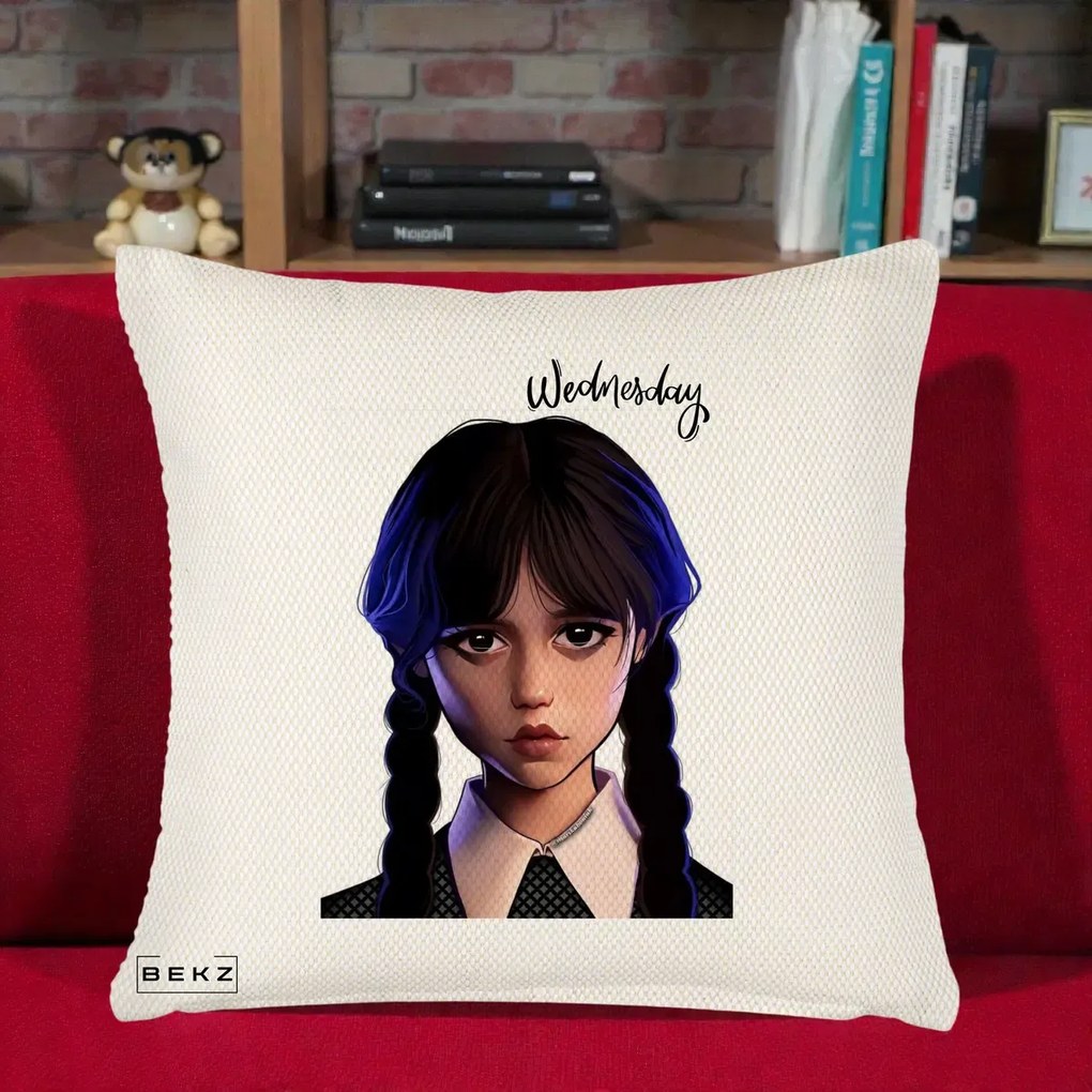Perna Personalizata Wednesday Addams Portret Realist, 40x40 cm, Crem Reliefat, Husa Detasabila, Perna Inclusa, BEKZ®
