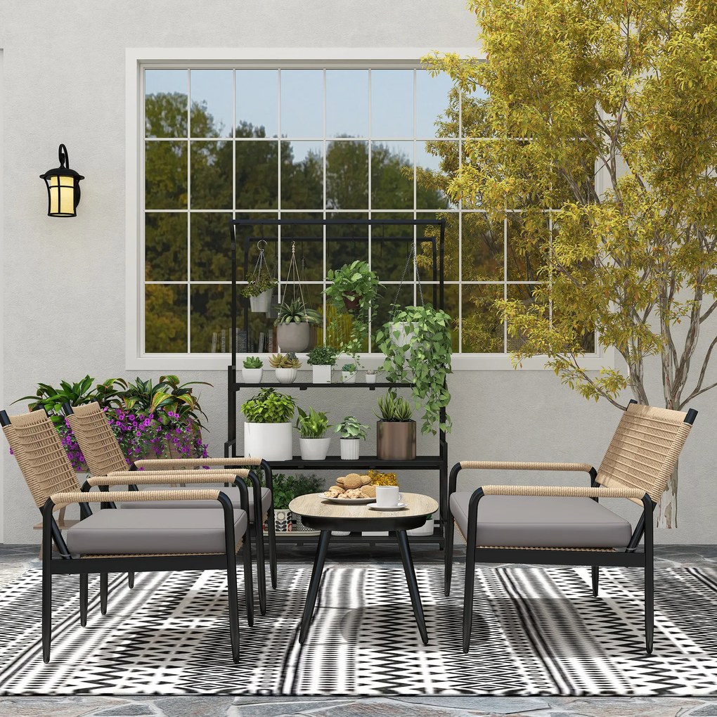 Outsunny Set de mobilier de grădină din rătan Set de lounge cu canapea dublă, fotoliu, masă cu geam, perne pentru 4 persoane, Gri închis+Galben | Aosom Romania