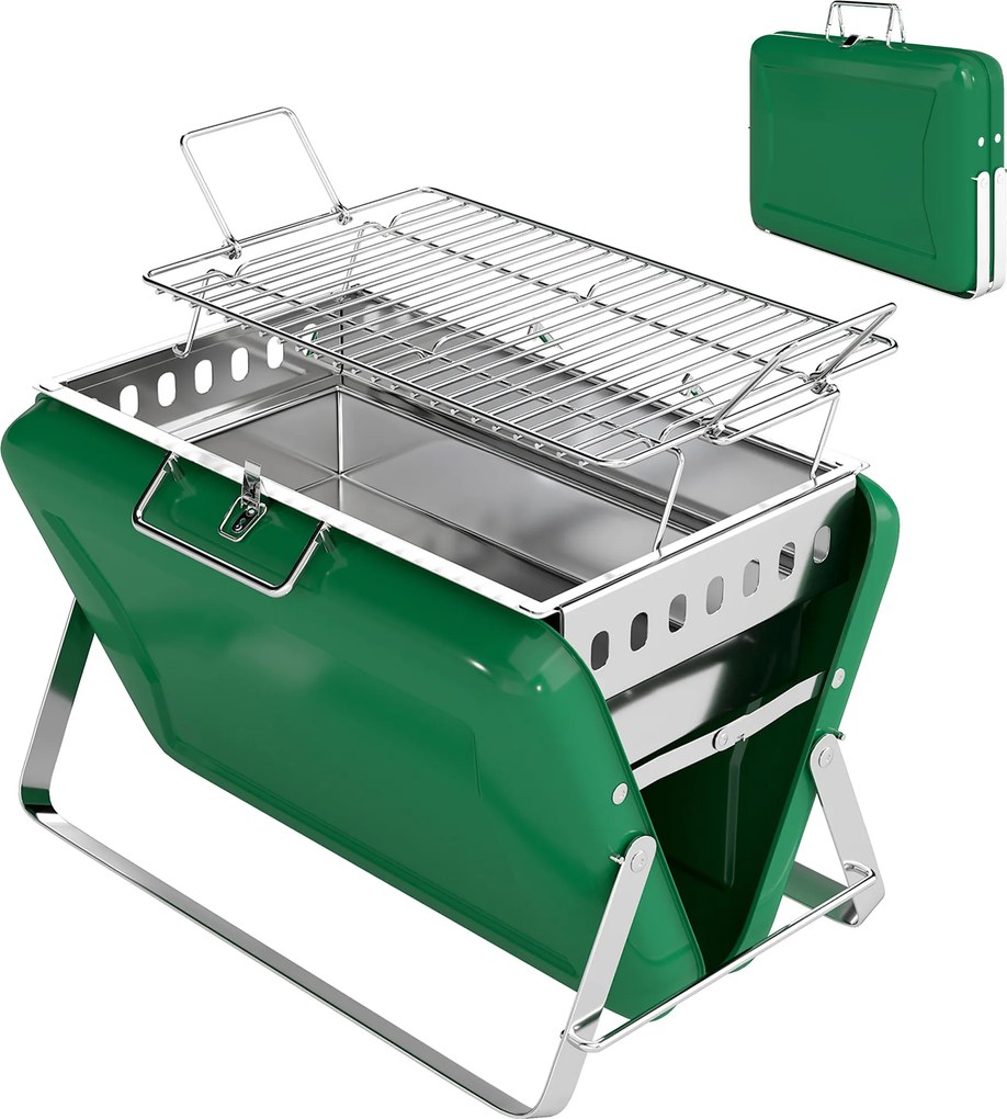 Outsunny Grătar pe cărbune pliabil, grătar portabil, mâner și picioare rabatabile, pentru grădină, terasă, camping, verde | Aosom Romania