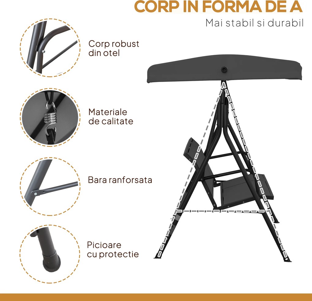 Outsunny Leagăn de Grădină pentru 3 Persoane cu Acoperiș, Șezut Respirabil și Cadru din Oțel, Negru | Aosom Romania