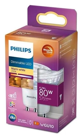 Bec LED dimabil Philips Warm Glow GU10/6,2W/230V 2200-2700K CRI 90