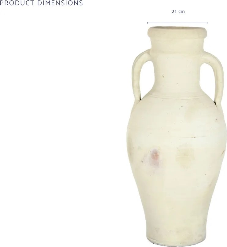 Vas decorativ amforă din teracotă artizanală, finisaj craft alb-crem, cu 2 anse, 40×40×100 cm, „Jerba"